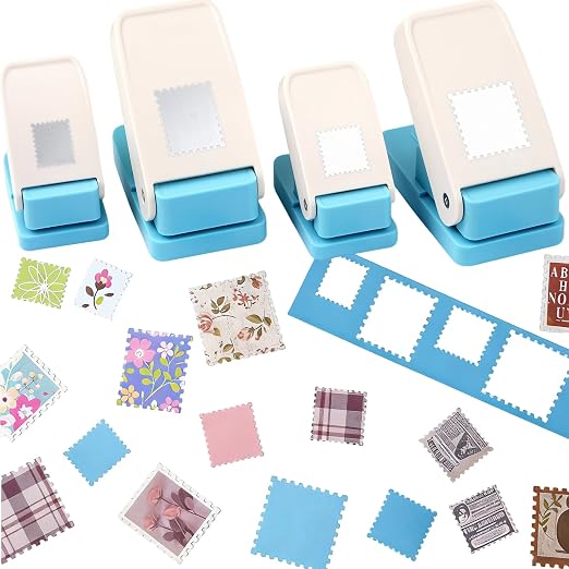 4 Pack Stamp Punch, 1", 1.5" Square Stamp Puncher, 1.5"X1.25" & 1X0.8inch Rectangular Postage Stamps Punches, Stamps Shaped Paper Punch, Craft Hole Punches for Paper Crafts DIY Scrapbooking