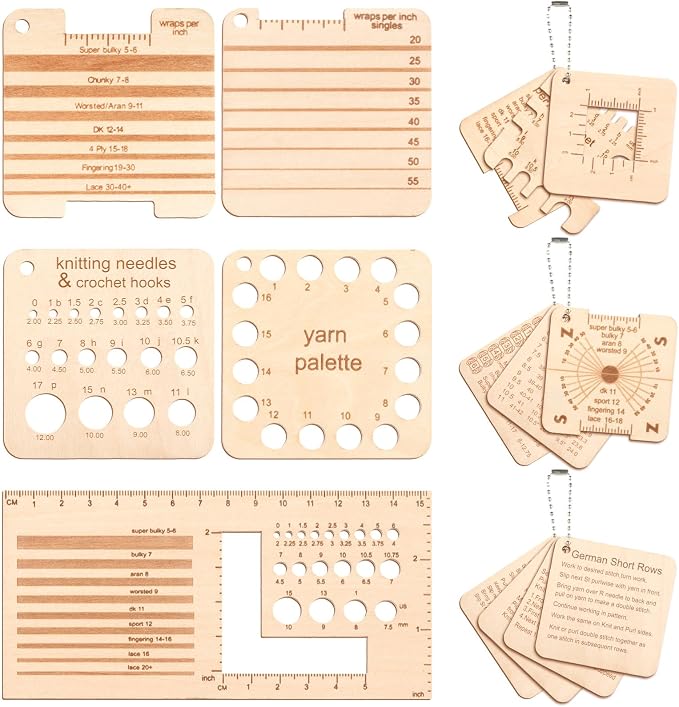 Eersida 15Pcs Wooden Knitting Gauge Set Yarn Tool with Ruler & Chain, Basic