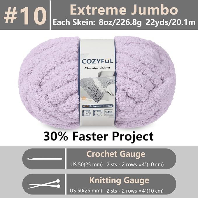 Cozyful Chunky Yarn for Hand Knitting - #10 Chunky Chenille Yarn, Jumbo Big Thick Chunky Yarns for Crocheting, Super Bulky Chunky Knit Blanket Yarns, 8 Skein (22 yds 8 oz Each Skein), Lavender Fog