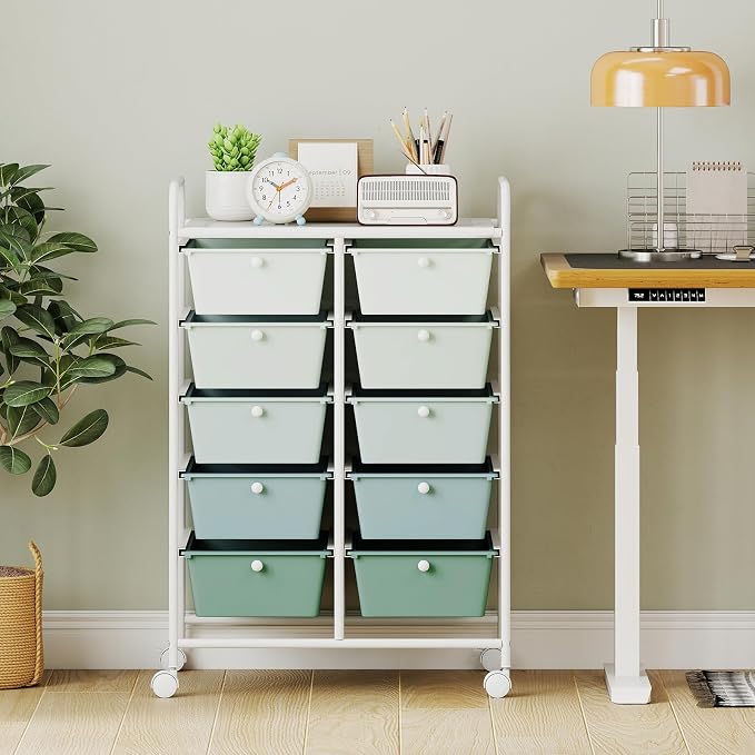 Giantex 10 Drawers Rolling Cart, Classroom Organizers, Storage Cart with Wheels, for Teacher Office Home School Supplies Tool Craft Art Paper, Green Gradient