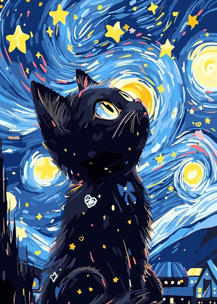 RYMILIE Cat Diamond Art Kits for Adults Diamond Painting Kit 12x16in | 5D Starry Night Diamond Art Painting Kit for Beginners, DIY Full Round Drill Cat Gem Art Crafts for Home Wall Decor Gift