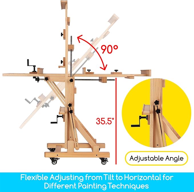 MEEDEN Extra-Large H Frame Easel: Solid Beech Wood Artist Easel for Adults | Professional Heavy Duty Easel with Crank, Movable and Tilting Flat Art Easel Stand for Canvas up to 76.7", Natural
