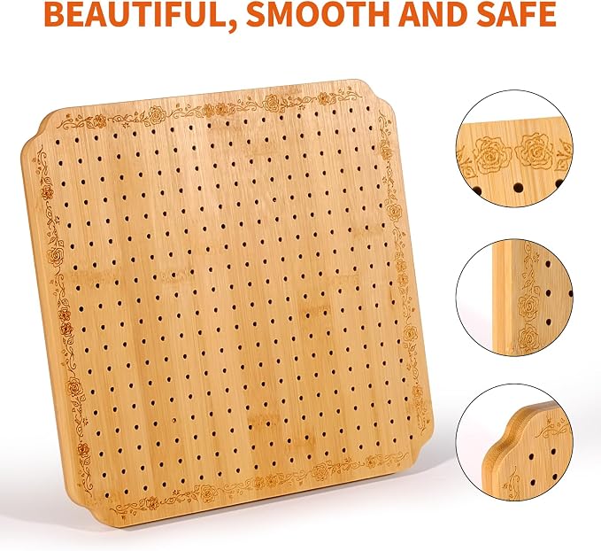 CraftyManor 10 in Blocking Boards for Crochet Projects with Rose Pattern, Crochet Blocking Board with Pegs, Granny Square Blocking Board with 20 Stainless Steel Pegs, Bamboo