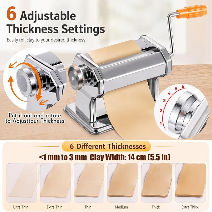 Amylove Polymer Clay Roller Machine with 6 Thickness Settings,Silver