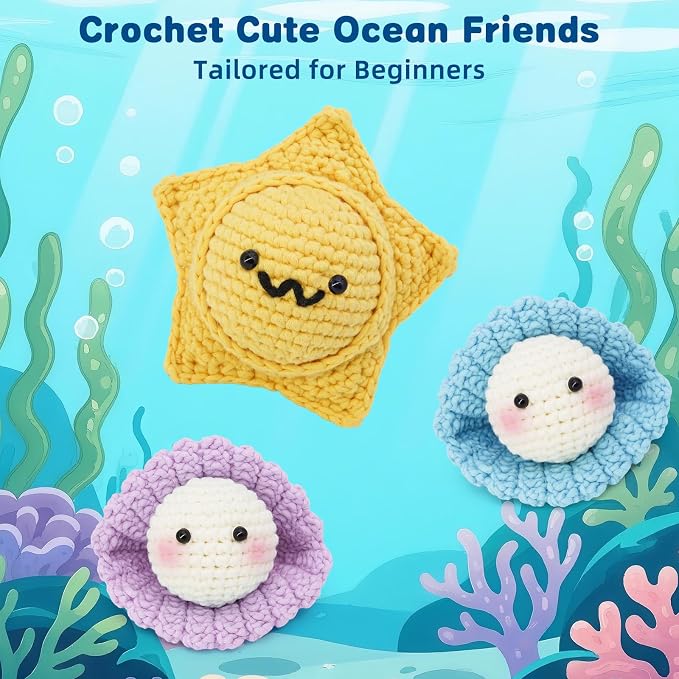 WaldyWop Crochet Kit for Beginners: 3Pcs Ocean Friends Wobbles Crochet Animal Kit for Starter Adults - Dly StressRelief Ball w/ 40% Extra Yarn, Easy Video & Instructions - Christmas Gift for Women