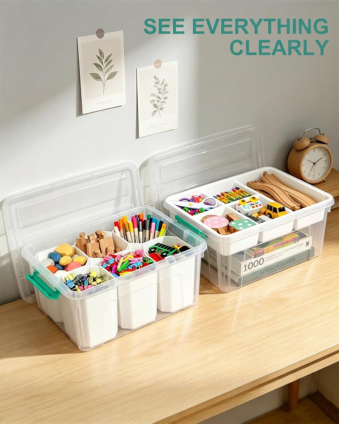 EOENVIVS Clear Storage Boxes with 6 Tall Inserts, Large Plastic Organizer Box with Lid and Handles, 15.94x11.61x7.28 Inches, Multi-Functional Container for Cosmetics, Toys, School Supplies