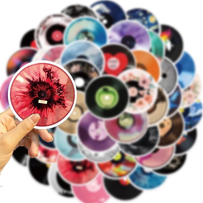 Music CD Stickers, 50 Pcs Vinyl Cartoon Record Album Sticker for Water Bottle Laptop Cars Guitar Skateboard Bumper Vintage Waterproof Music Stickers for Teens Adults (Colourful-F4)