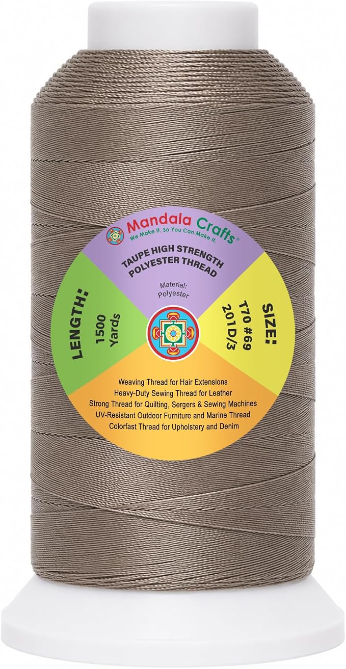 Mandala Crafts Taupe Tex 70 Polyester Heavy Duty Thread for Upholstery | 1500 Yds T70 UV Resistant Strong Thread for Leather Sewing, Marine, Drapery, Jeans, Hair Weaving & Extension, Outdoor