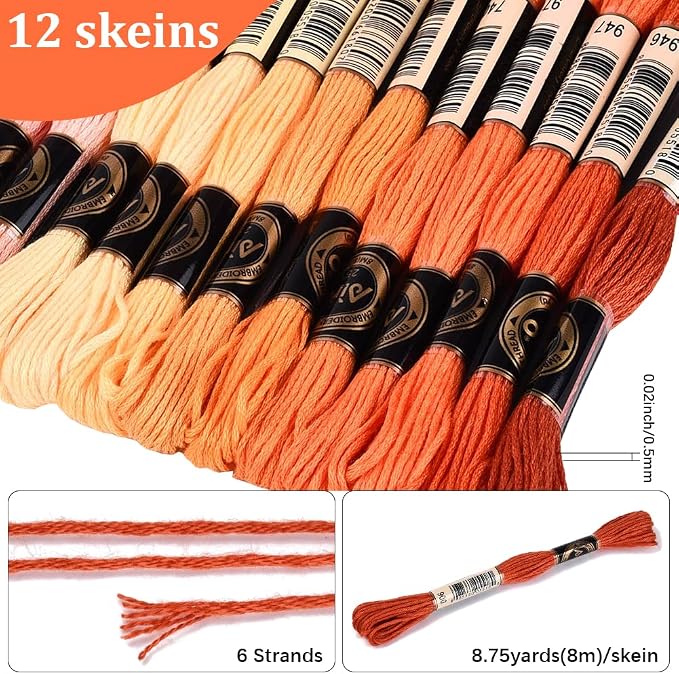 105 Yards 12 Skeins Gradient 6 Strands Orange Red Variegated Embroidery Thread Friendship Bracelet String Polyester Cross Stitch Floss Threads Assorted Bulk Set for Hand Sewing Making Supply