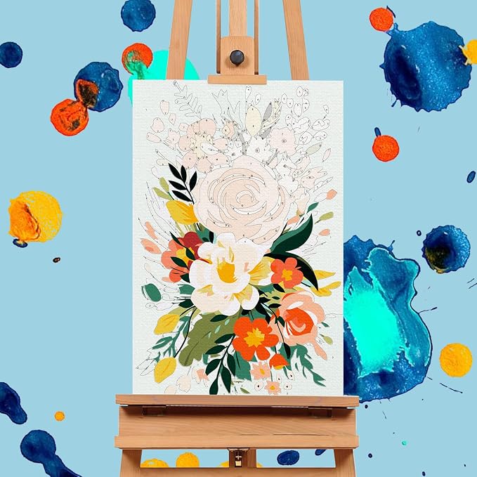 4 Pack Framed Paint by Numbers Kit for Adults with Wooden Easel, 8x12 Inch | Easy Flowers, DIY Acrylic Canvas Craft Kit with Frame for Beginners, Home Decor, Stress Relief Relaxing Hobby Gift