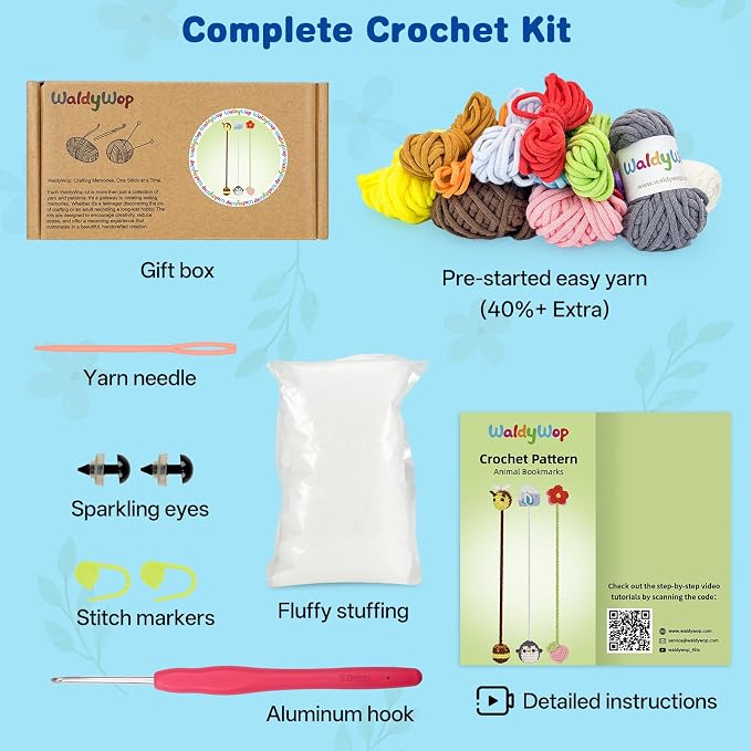 WaldyWop Crochet Kit for Beginners: 3 Animal Bookmarks Craft Kit,Women Gift
