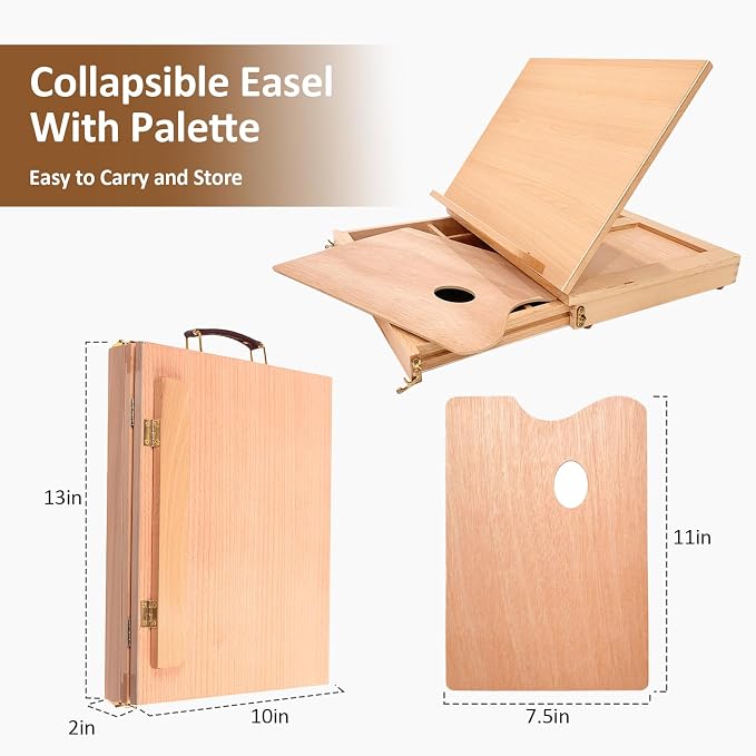 Adjustable Tabletop Sketchbox Easel with Storage Drawer & Palette | Portable Soild BeechWood Desk Easel for Beginner, Student, Artist, Hold Canvas up to 11" x 14"