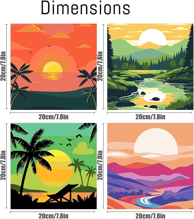 Canrichshop 4 Framed Landscape DIY Paint by Numbers Kit for Adults Beginner,Sunset Easy Painting by Number with Canvas,Acrylic Paint Kit Arts and Crafts for Adults for Decor 8x8inch