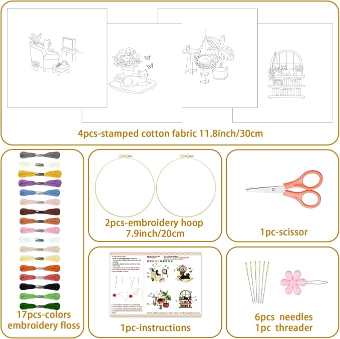 BEUNITONE 4 Set Embroidery Kit for Beginners, Daily Life of Cats Patterns Cross Stitch Kits, Needlepoint Kits for Adults with Hoop, Cute Hand Embroidery Patterns for Cloth and Home Decor