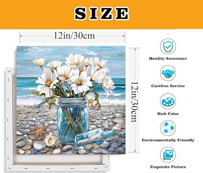 VIGEGU Beach Flowers Paint by Numbers Kit for Adults with Frame | Paint by Number for Beginner DIY Adult Paint by Number Kits for Home Decor 12x12inch