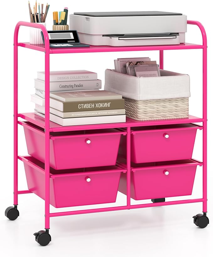 Giantex Rolling Storage Cart w/ 4 Drawers 2 Shelves Metal Rack Shelf Home Office School Beauty Salon Utility Organizer Cart with Wheels, Hot Pink
