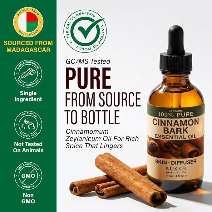 100% Pure Cinnamon Oil 4 Fl Oz - Cinnamon Bark Essential Oil for Diffuser | for Hair, Skin, Aromatherapy, Massage - GC/MS Tested, Non-GMO, Undiluted, Glass Dropper Bottle
