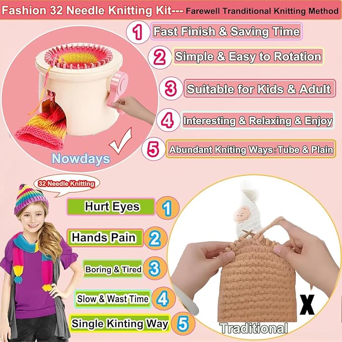Sentro Knitting Machine,Sentro 32 Needles Mushroom Knitting Machine for Adults and Beginners Automatic Circular Weaving Spinning Knitting Loom Machine Kit for Kintting Toys,Hats,Scarf,Sweater