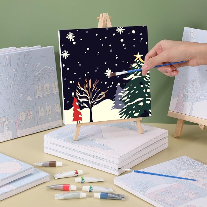 Nezyo 12 Sets Paint by Numbers Kit with Frame for Adult, 8 X 8 Inch | Easy DIY Acrylic Painting for Beginners, Ideal Birthday Gift, Art Party Classroom Activity, Winter Holiday Themed Canvas