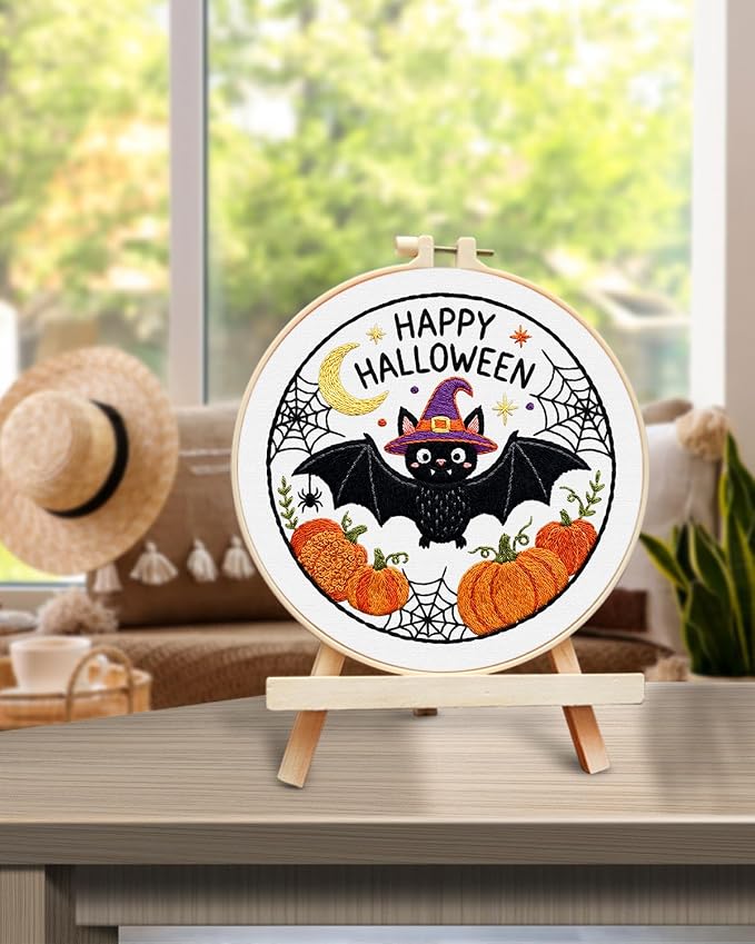 TINDTOP Halloween Embroidery Kit for Adult, Embroidery DIY Starter Kit, with Stamped Patterns, Hoop, Tools, Colorful Threads with Needles, Instructions (Halloween D)