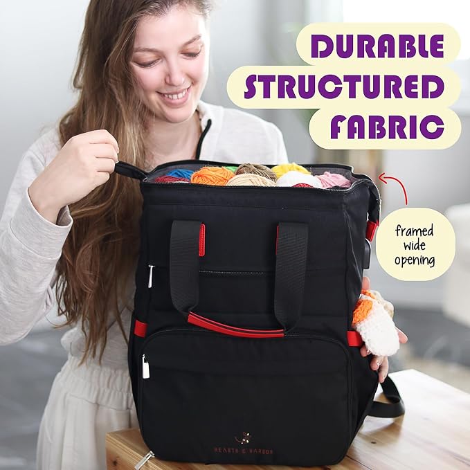 Hearth & Harbor Crochet Backpack, Crochet Bag Organizer, Canvas Knitting Bag, Yarn Organizer for Crochet Accessories and Supplies, Travel Yarn Bag with USB Charging Port, Yarn Storage Organizer