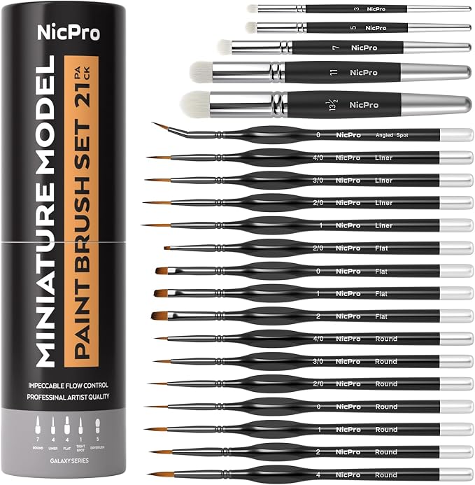 Nicpro Miniature Paint Brushes Drybrush - 21PCS Model Paint Brush Set | for Acrylic Oil Watercolor, Detail Paint Brush Dry Brush for Model, Miniature Painting, Paint by Numbers - with Container