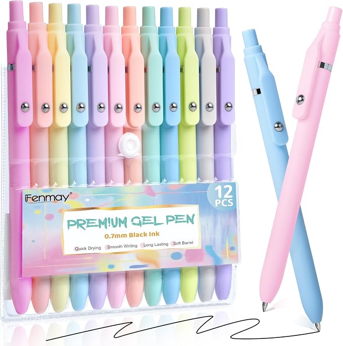 Fenmay Gel Pens, 12 Pcs Black Ink Pens 0.7mm Medium Point| Quick Dry No Smudge, Smooth Writing, Retractable Cute Aesthetic Pens for Journaling Note Taking School Office Supplies