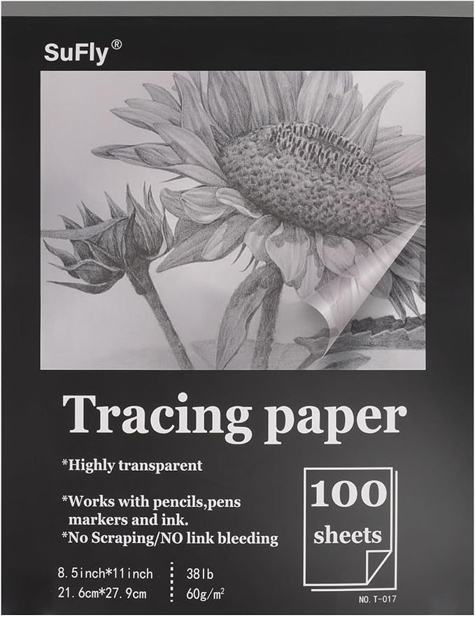 SuFly Tracing Paper Pad 8.5"x 11", Transparent Vellum Paper_100 Sheets_38Lb | Tracing Paper for Drawing, Clear Trace Paper Pad for Pencil, Marker and Ink, Made for Trace Images, Sketching and Overlays