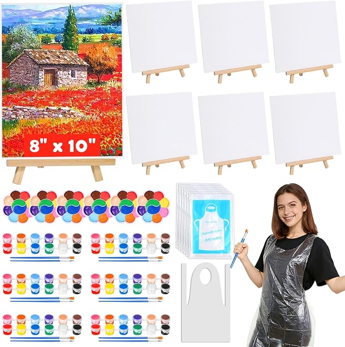 6 Pack Paint and Sip Kit for Adults Girls Night, 8x10In Canvas Painting Kit | Flat Canva Boards with Easel Stands, Mini Acrylic Paint, Brushes, Paint Party Supplies, Date Night Painting Kit for Couples