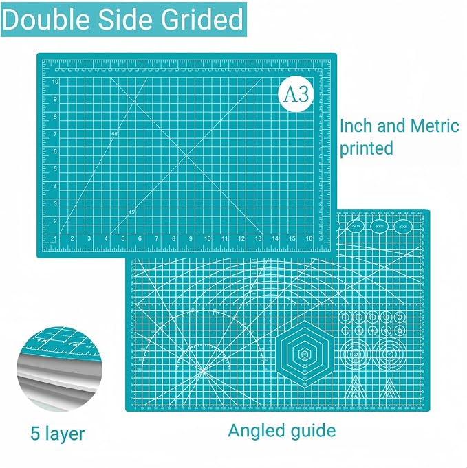 18"x12" Self Healing Cutting Mat, Sewing Mat for Crafts, Double Sided 5-Ply Table Cutting Board for Fabric Quilting Leather Modeling Hobby Project, Turquoise