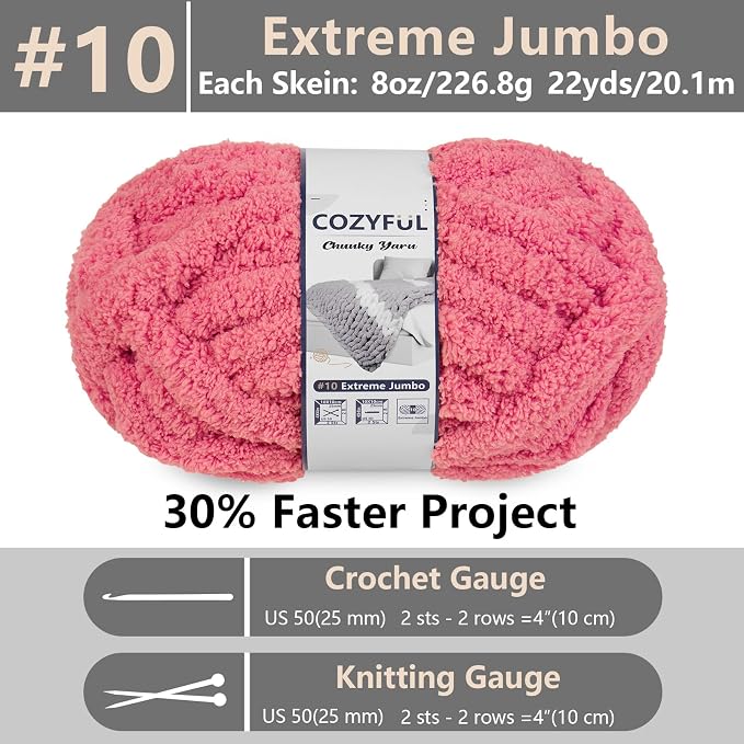 Cozyful Chunky Yarn for Hand Knitting - #10 Chunky Chenille Yarn, Jumbo Big Thick Chunky Yarns for Crocheting, Super Bulky Chunky Knit Blanket Yarns, 8 Skein (22 yds 8 oz Each Skein), Terracotta Rose