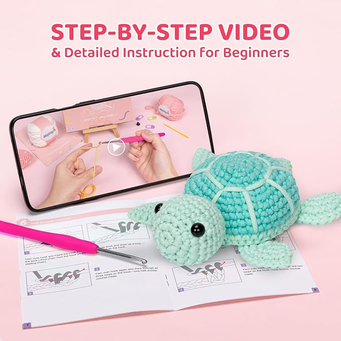 Mewaii Blue Sea Turtle Crochet Kit for Beginners, 40% Extra Yarn | Video Tutorial, Pre-Started Piece, Gift Box, Level 1 Starter Kit, Family Craft for Adults, Kids & Beginners