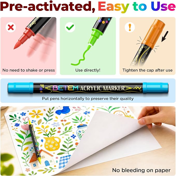 Betem 24 Colors Paint Markers for Glass, Dual Tip Acrylic Paint Pens | Window, Fabric, Wood, Rock, Canvas, Acrylic Markers with Fine & Brush Tip, Art & Craft Supplies, Wine Glass Markers