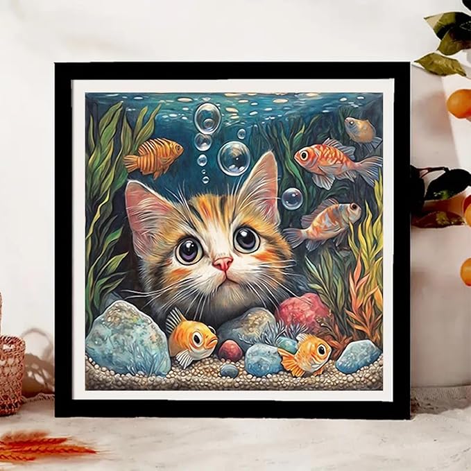 Cat Fish Funny Paint by Numbers Kit for Adults Framed Canvas Frameworkless | Easy Adult Paint by Number Kits on Canvas DIYCat Fish Funny Painting for Beginners Art by Numbers for Home Wall Decor Gift