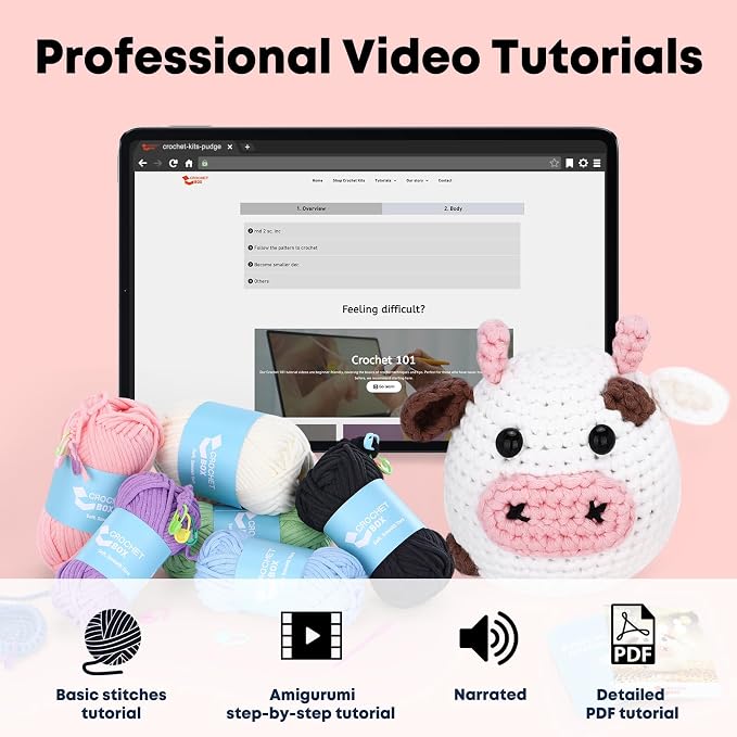 Crochet Kit for Beginners: Cow Crochet Kit, Including Step-by-Step Video Tutorials, Instruction, Hook, Accessories, Surprise Birthday Gift for Adults, Relaxing Crafts