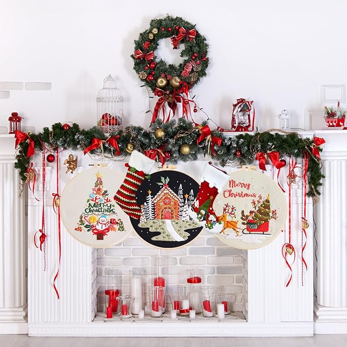 LB Christmas Embroidery Kit for Beginners Adults, 3 Sets Hand Embroidery Starter Kit with Snowman Pattern and Instructions Stamped Cross Stitch Kits Include Embroidery Hoop Needles Threads Scissors