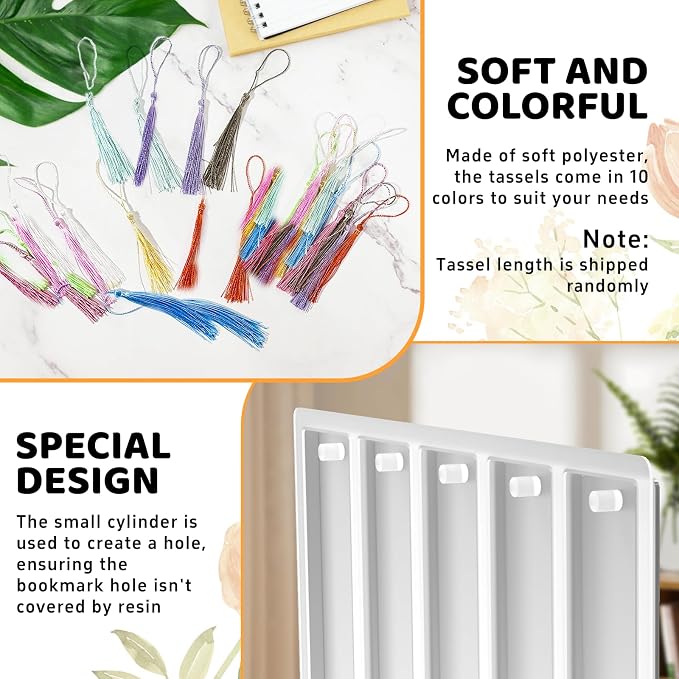 Bookmarks Silicone Mold for DIY Epoxy Resin Casting Crafts Making Supplies | Set of 3 Small Medium Rectangle Bookmark Resin Mold Kit with 20 Pcs Tassels
