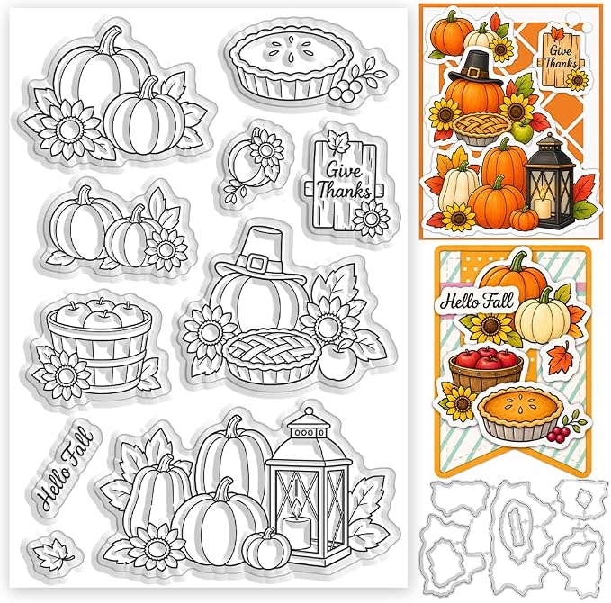 Card Making Stamps and Cutting Dies Set(Thanksgiving Pumpkin) | Durable Silicone Stamps and High - Quality Carbon Steel Dies for Card Making, Photo Albums and Diary Decoration