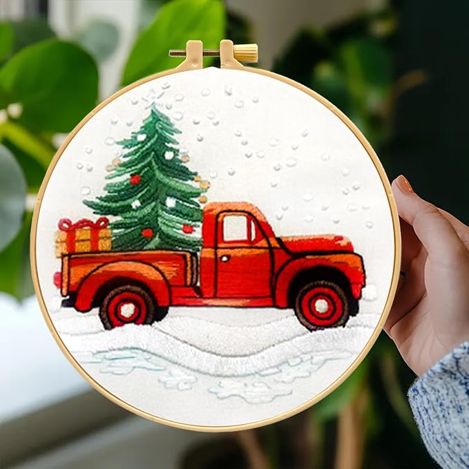 Zhenqing Christmas Red Truck Embroidery Kit for Beginners, Tree and Gifts Needlework Kit with Pre-Printed Fabric, Hoop, Threads & Tools (C0029)