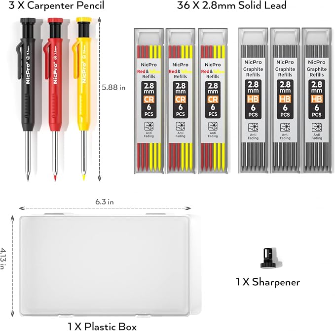 Nicpro 3 Pack Carpenter Pencils with Sharpener, Pencils for Construction