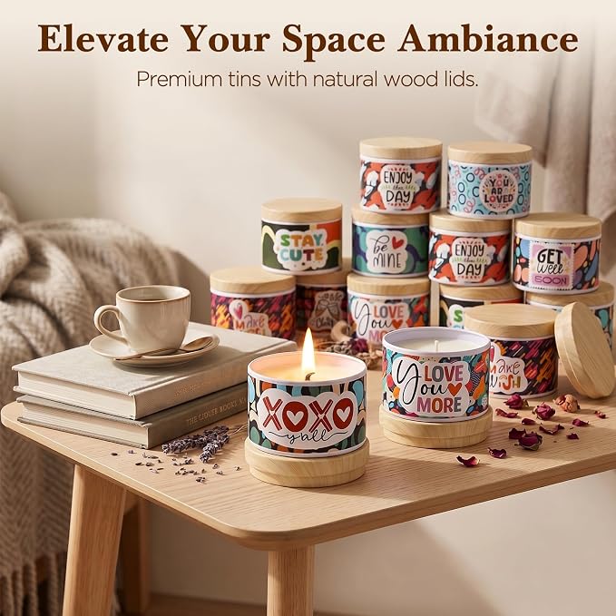 LumaCraft Thick Candle Jars for Making Candles 24 Pcs, 4 OZ Empty Jars with Wood Lids for Candle Making,Colorful Inspirational Print Candle Containers with Candle Making Supplies