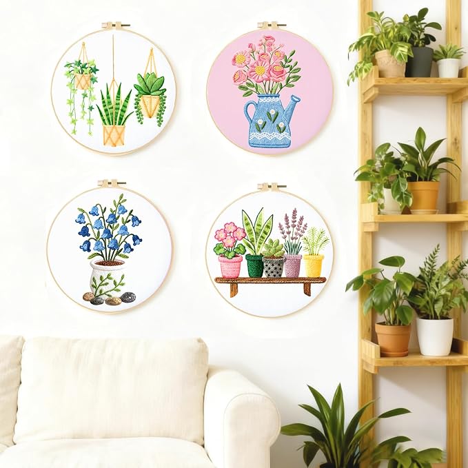 BEUNITONE 4 Set Embroidery Kit for Beginners, Vase Plants Cross Stitch Kits, Needlepoint Kits for Adults with Instructions and Full Kit, Creative Hand Embroidery Patterns for Cloth and Home Decor
