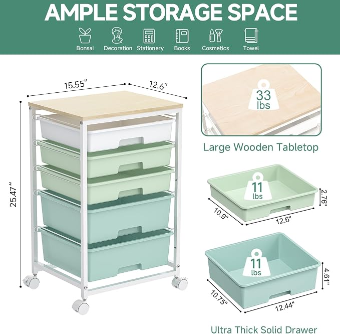 SYKIARIOL Rolling Cart with Drawers,5 Drawers Storage Cart,Light Green | 5-Tiers Utility Cart with Drawers with Lockable Wheels for Craft Organizers and Storage,Home Office,Classroom,Dorm,Playroom