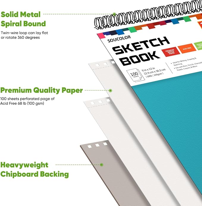 Soucolor Sketchbook 9x12, 100 Sheets Drawing Pad,Art Sketch Book for School | 68lb acid-free paper,No bleed-through,Lay-flat top spiral,Micro-perforated,for kids,Students & Back to School.All dry media