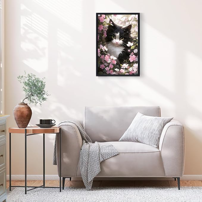 Ginkko Paint by Numbers Kit for Adults Beginner & Kids Ages 8-12 with Wooden Frame Easy Acrylic on Canvas 8x12 inch with Paints and Brushes, Cat Flower (Include Framed)
