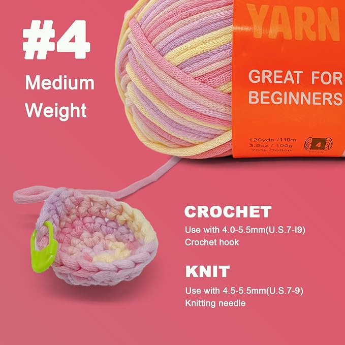 3.5Oz/120yds Beginner Easy Yarn for Crocheting and Knitting;Worsted-Weight Medium #4;Cotton Blend Yarn for Beginners Amigurumi DIY(Macaron,1 Skein)