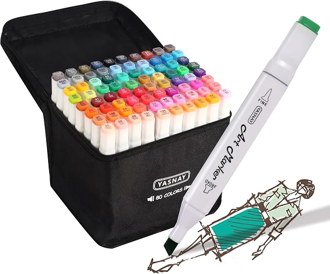 YASNAY Alcohol Markers 80 Colors Dual Tip Fine & Chisel Art Markers Set | Confirm to ASTM D4236 Refillable Permanent Alcohol Based Markers Set for Artists Beginners Drawing Illustration Sketching
