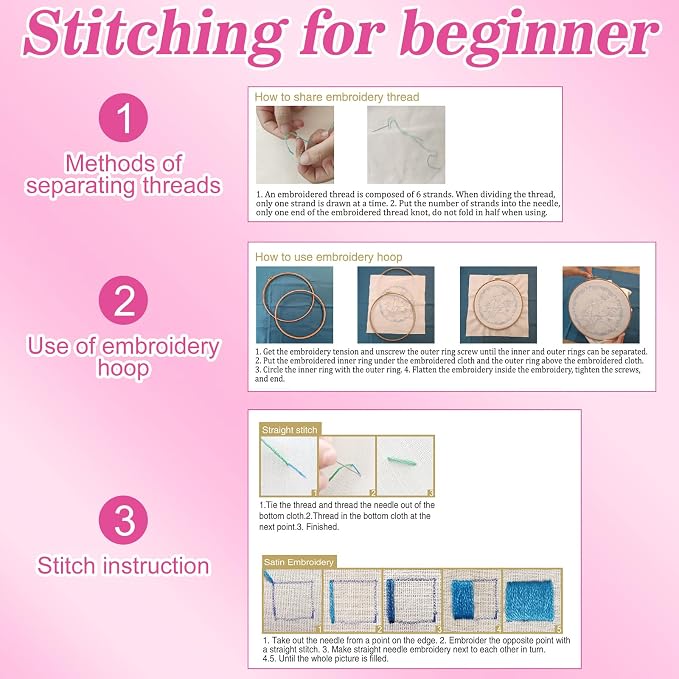 Mindsoft 3 Set Needlepoint Kit for Beginners with Hoop,Pink Halloween | Bamboo Hoop Thread Needles Instructions, Easy Hand Embroidery for Beginners Home Crafts,Pre-stamped Funny Cute Designs