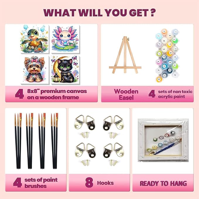 cviokrdu 4 Pack Paint by Numbers Kit for Kids with Frame - Wooden Easel, Animal Paint by Numbers for Kids Ages 4 8 12, Easy Animals Acrylic Oil Painting Kits for Home Wall Decoration 8x8 inch