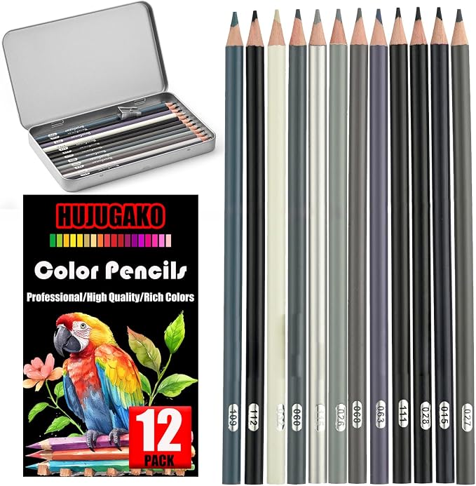 12 Grey Colored Pencils,Oil Based Colored Drawing Pencil Set for Adults Coloring Books Drawing Sketching Art Supplies